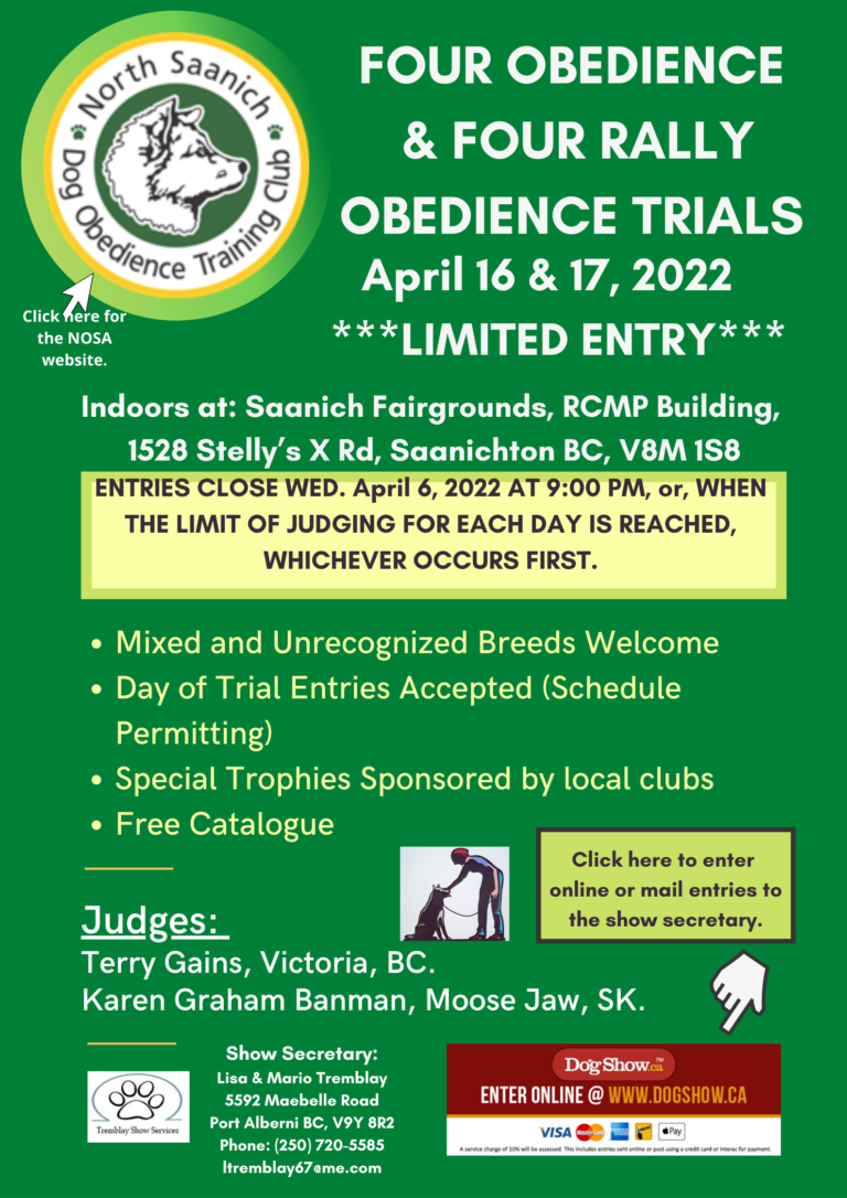 CKC Obedience and Rally Trials on April 16 & 17, 2022 NOSA Dog